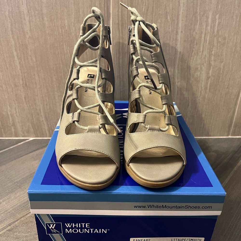 White Mountain Taupe Laceup Block Heels